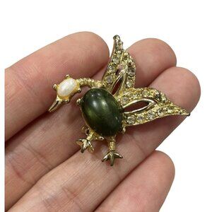 VINTAGE 1970'S GOLD PLATED JADE PEARL BIRD PIN Brooch Jewelry Gift